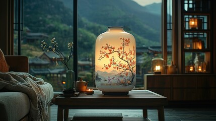 Serene Mountain View Illuminated by a Hand-Painted Porcelain Lamp