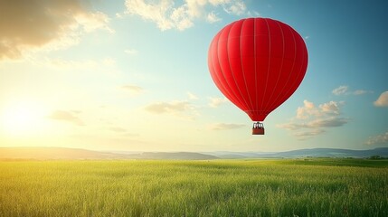 Obraz premium SerenefieldswithaHotAirBalloonAloftAbeautifuljourneythroughnatureandadventureunderthesunshineskyinspiringdreamsandfreedom