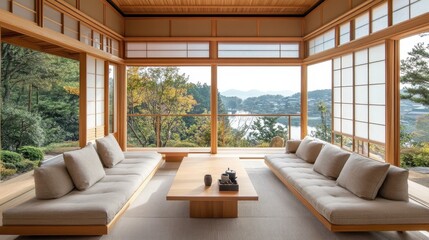 Fototapeta premium Traditional japanese interior showcases calming view of nature and architecture