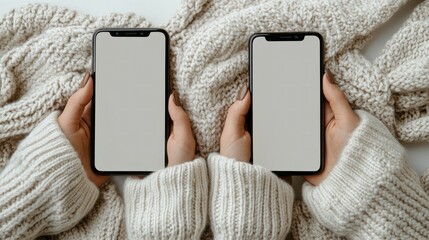 Cozy Winter Smartphone Mockup: Blank Screens on Knitted Sweater