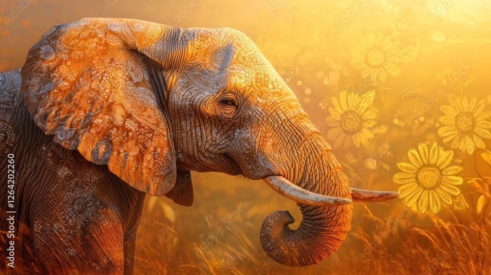 Poster elephant standing majestically in a golden field during sunset with floral patterns overlaying the s