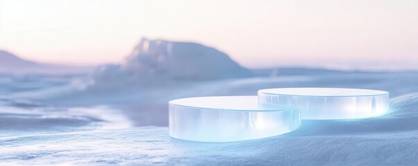 Geometric ice podium set in a snowy tundra with soft light reflecting off frozen surfaces, minimalist product display, icy modernism