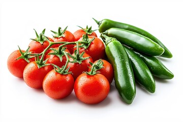 Fresh Tomatoes on the Vine and Green Jalapeno Peppers Sparkling with Water Droplets