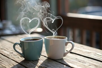 two coffee cup with heart steam. Gentle love concept