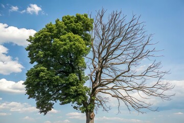 Tree with one side green and the other dead branch