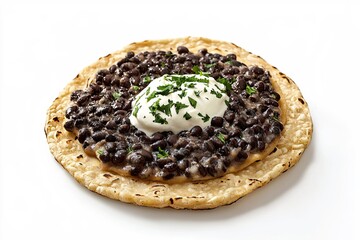 Delicious black beans and sour cream on a tortilla with fresh parsley garnish close up