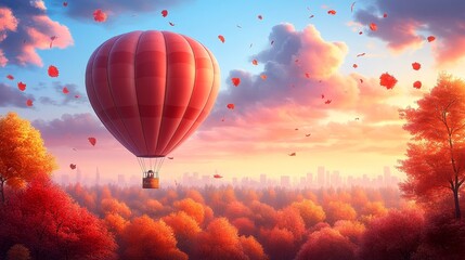 Fototapeta premium AutumnalAscentHotAirBalloonJourneyOverGoldenForestAColorfulEscapeIntoTheHorizonOfVibrantLandscapesAndTranquilSkies