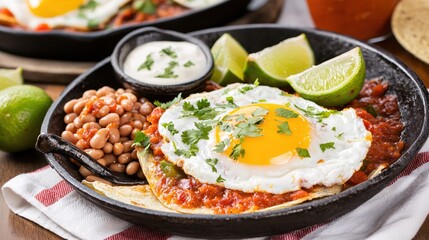 Huevos Rancheros Delightful Breakfast with Fried Egg Beans and Fresh Lime in Rustic Style