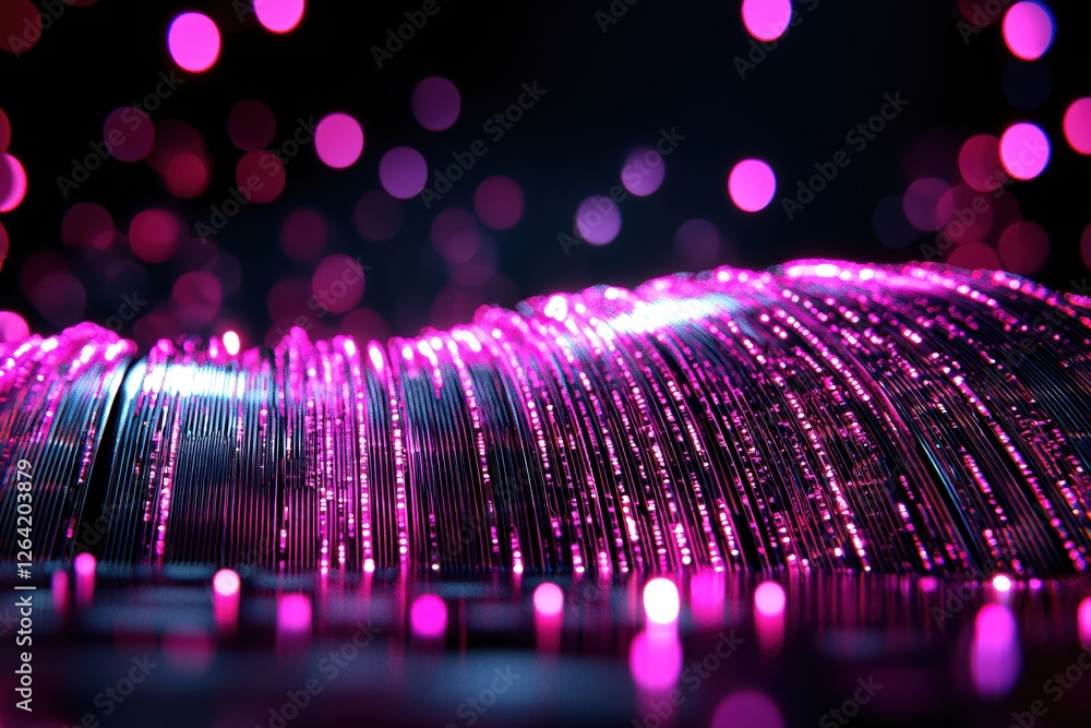 Poster abstract glowing pink light strands on dark surface with bokeh lights in the background