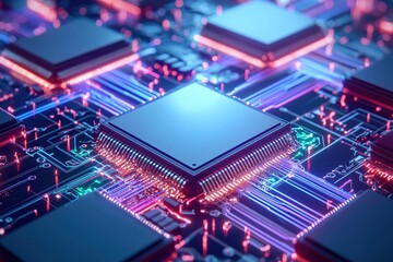 Obraz premium Futuristic Microchip Motherboard with Neon Lights Electronic Circuit Technology Innovation