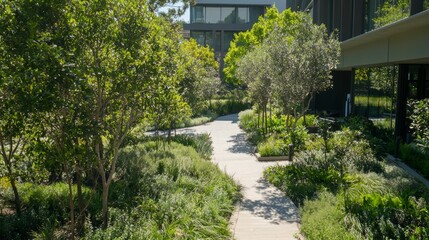 Fototapeta premium Eco-Friendly Landscaping Design in a Modern Urban Environment