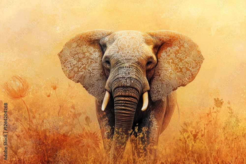 Poster majestic elephant in vibrant sunset setting showcasing intricate nature patterns in its skin. genera