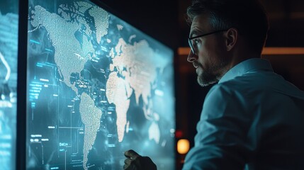 Logistics manager analyzing digital map with live shipment tracking. 