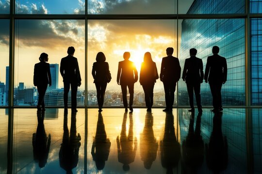夕日を背にしたビジネスチームが高層ビルの窓辺に立つシルエット（企業の成長・リーダーシップ・チームワーク・未来）