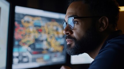 Logistics manager analyzing digital map with live shipment tracking. 