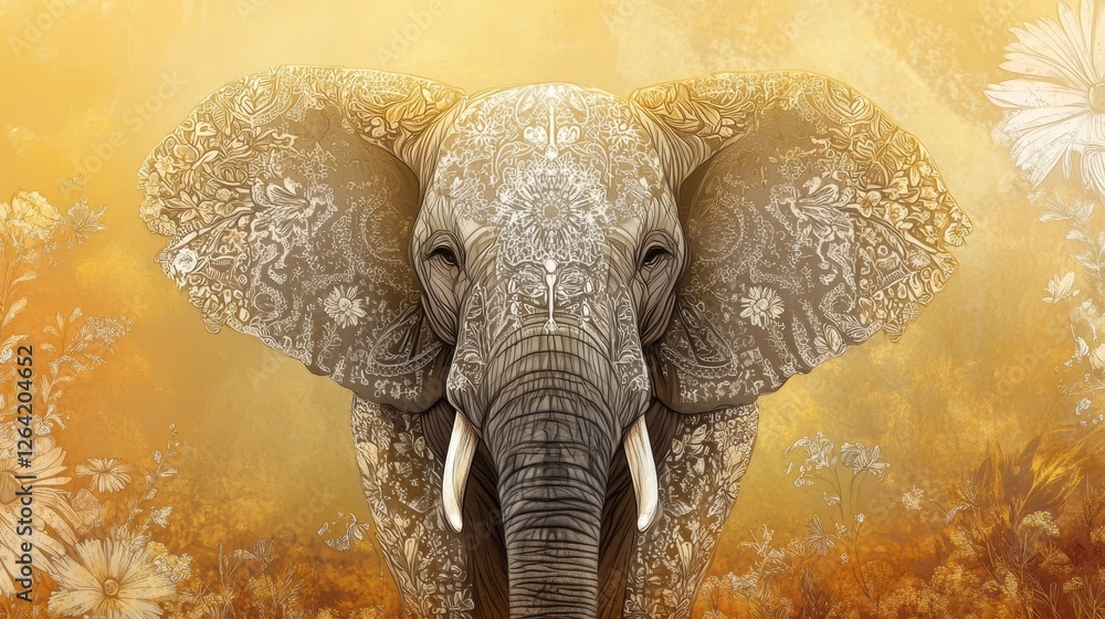 Poster Majestic elephant adorned with intricate patterns in a vibrant floral backdrop during golden hour. Generative AI