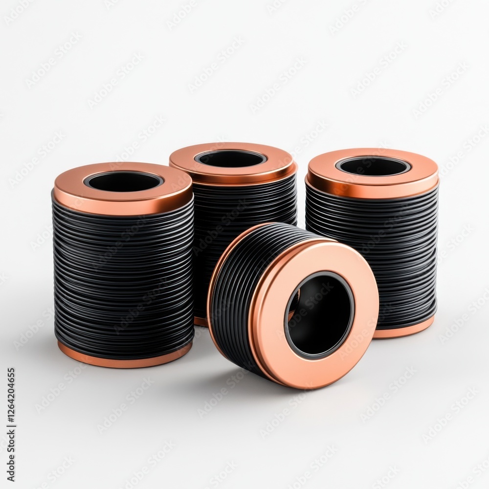 Poster metallic spool containers stacked against a plain light background highlighting their design and col