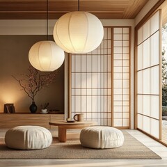 Calming japanese inspired interior with paper lanterns and floor cushions