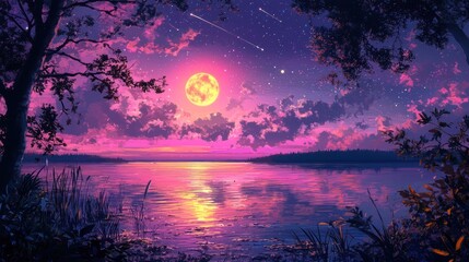 Obraz premium Serene Lakeside Sunset With Full Moon And Shooting Stars