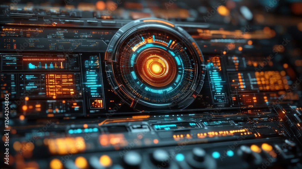Poster futuristic tech interface: cyberpunk digital dashboard display