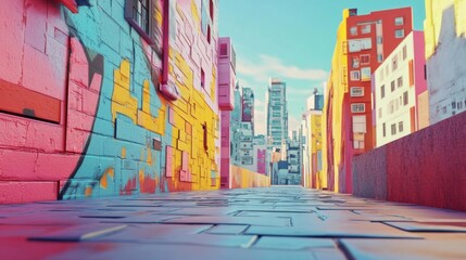 Obraz premium Colorful urban street with vibrant murals.