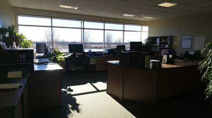 Sunny Office Workspace With Large Windows and Plants