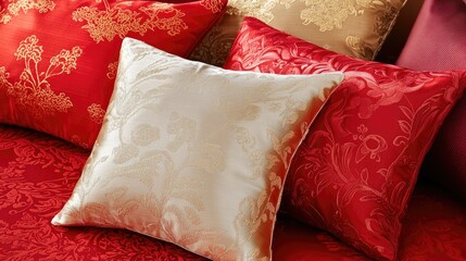 A selection of stylish Chinese silk cushions in various colors and patterns. Copy space.