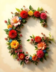 letter, G, floral, flowers, vibrant, colorful, artistic, elegant, design, organic, natural, red, yellow, pink, blue, white, blooms, green, leaves, accents, beige, background, soft, texture, warm, 