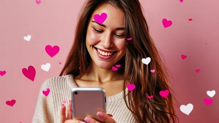 Happy Woman Using Smartphone Surrounded by Pink Hearts - Powered by Adobe