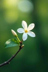 Obraz premium Single white flower in a small branch on a single tree, tiny blooms, tree