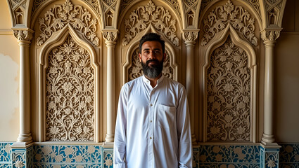 A calm man in a white thobe stands before an ornate Arabian wall, Perfect for cultural or religious events