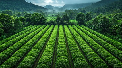 Lush green tea plantation with rolling hills and misty mountains in the background at dawn