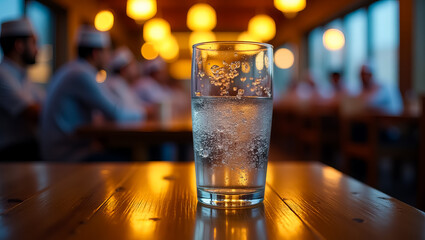 Glass of sparkling water sits on a wooden table in a dimly lit restaurant, Warm lighting and blurred