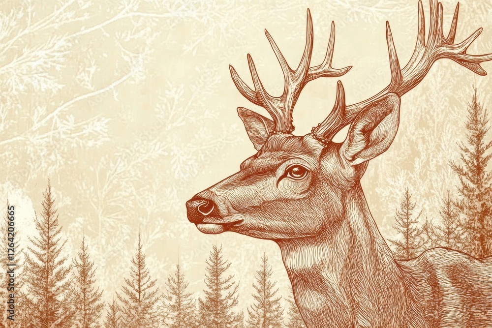 Poster intricate portrait of a deer featuring detailed line work in sepia tones with space for personal tex