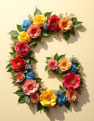 letter, G, floral, flowers, vibrant, colorful, artistic, elegant, design, organic, natural, red, yellow, pink, blue, white, blooms, green, leaves, accents, beige, background, soft, texture, warm, 