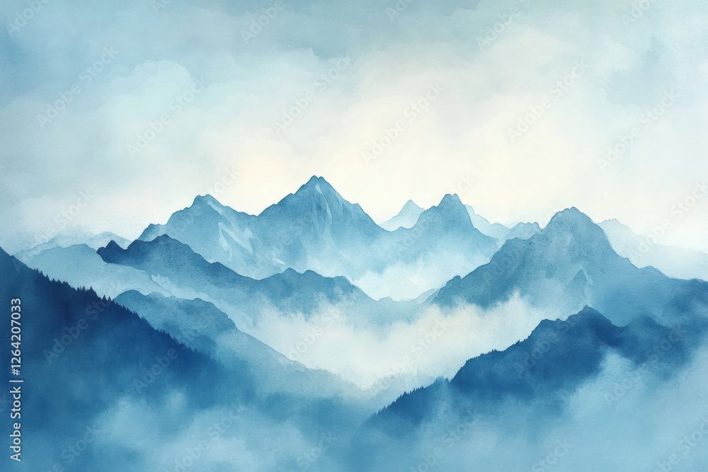 Poster majestic mountains surrounded by misty clouds provide a calm experience of nature at dawn in serene 
