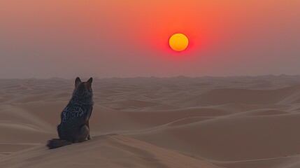 A lone wolf gazes at the setting sun over vast desert dunes, creating a serene atmosphere