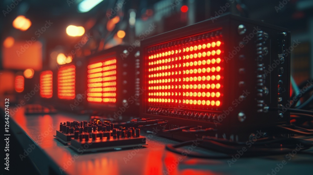 Poster red led display units illuminate a dark technological workspace