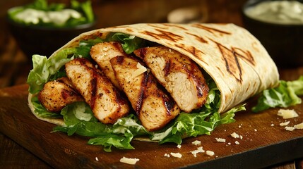 fresh, crispy chicken caesar wrap with grilled chicken, romaine lettuce, parmesan cheese, and Caesar dressing wrapped in a tortilla