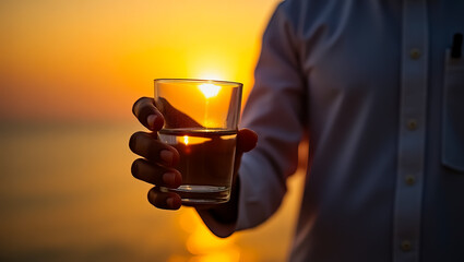 Person holds glass of water at sunset beach Peaceful tranquil scene, Perfect for wellness or travel