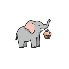 Cute Elephant Holding Cupcake in Minimalist Cartoon Illustration