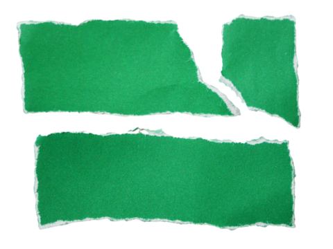 Pieces of torn or cut green paper, design elements isolated on transparent background.