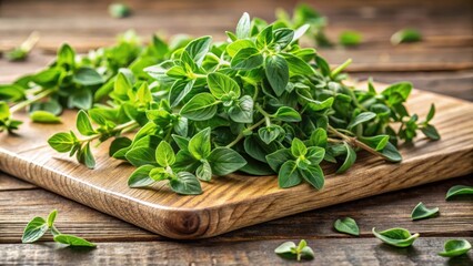fresh oregano leaves piled high on a wooden cutting board