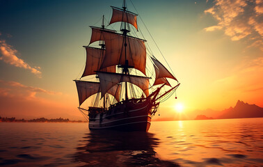 Stylish illustration of sea waves with blue boat. Boat in the sea.