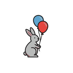 Cute Gray Rabbit Holding Balloons in a Whimsical Cartoon Style Illustration