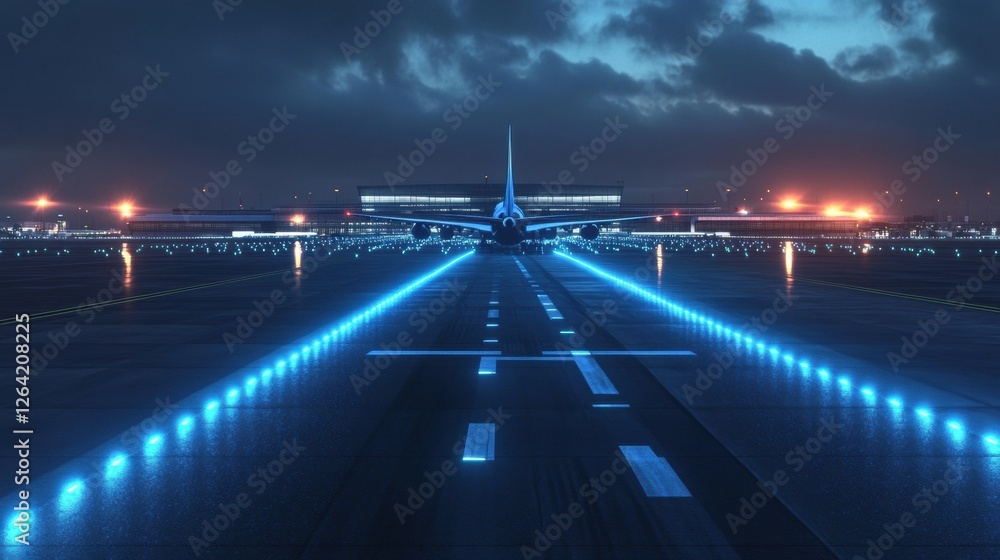 Poster airport runway illuminated by night with an aircraft preparing for takeoff near terminal building. g