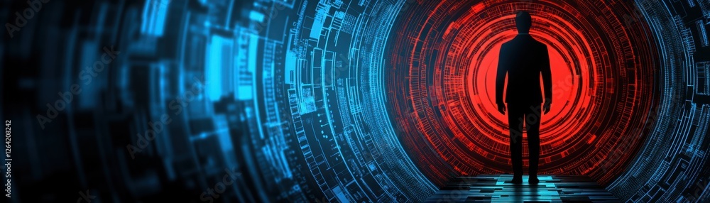 Poster silhouette of a businessman standing in a futuristic digital tunnel with vibrant blue and red lighti