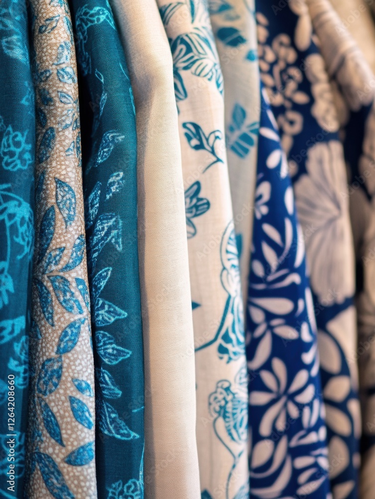 Poster Close up view of patterned fabrics displaying floral and geometric designs with ample blank area for text placement. Generative AI