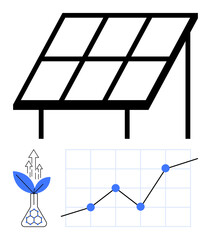 Solar panel structure, plant with arrows in flask, growth chart showing progress. Ideal for sustainability, green energy, innovation, eco-development, clean technology, efficiency abstract line flat