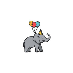 Adorable Cartoon Elephant With Party Hat and Balloons in Celebration